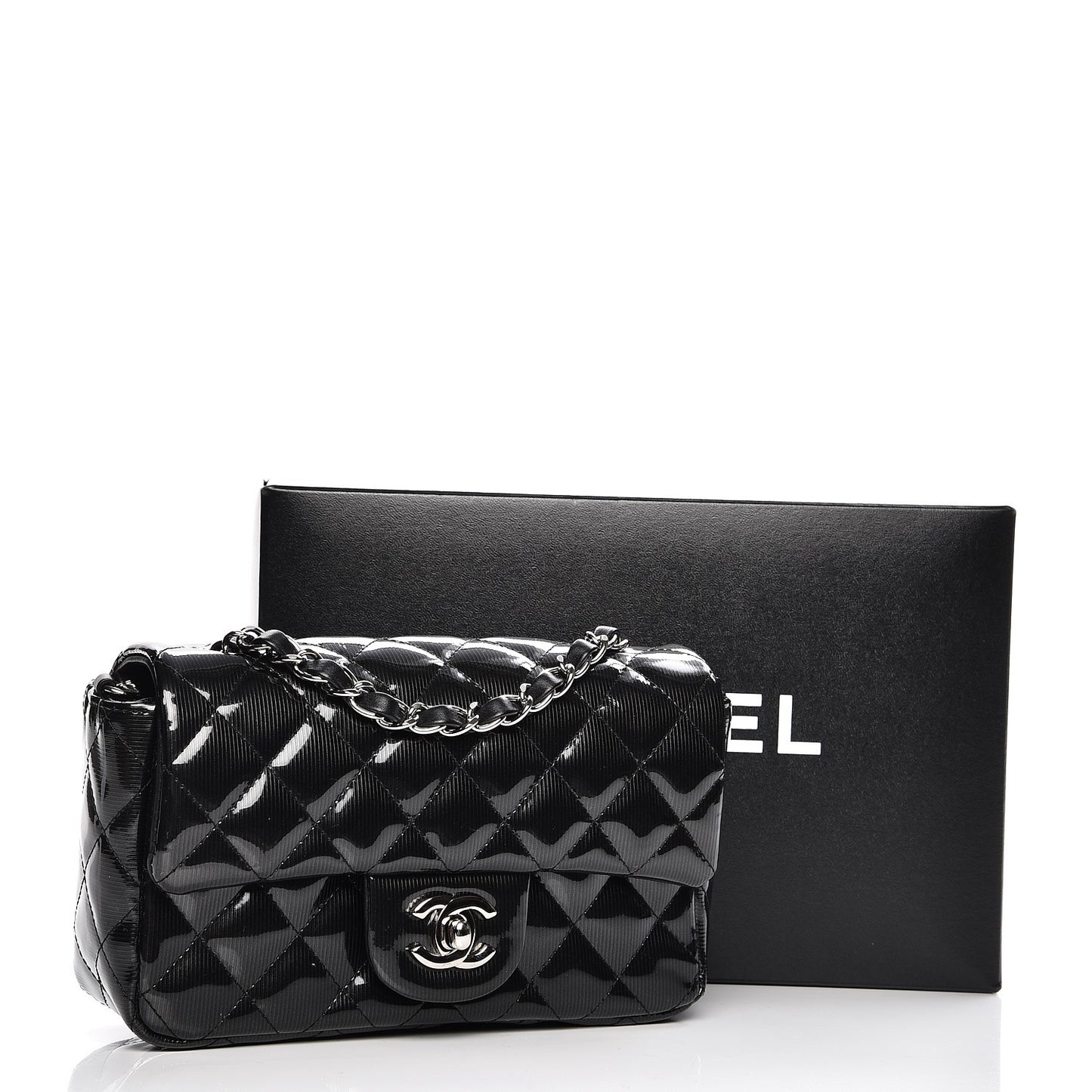 Striated Patent Quilted Mini Rectangular Flap Black