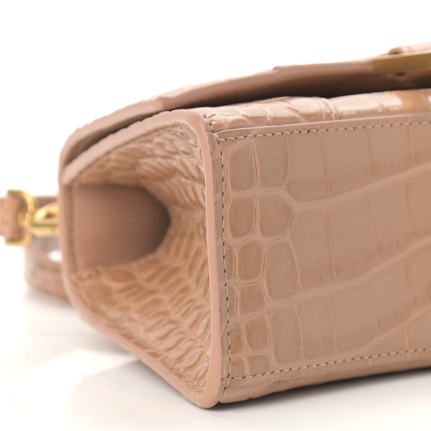 Shiny Calfskin Crocodile Embossed Hourglass Top Handle Bag XS Nude Beige