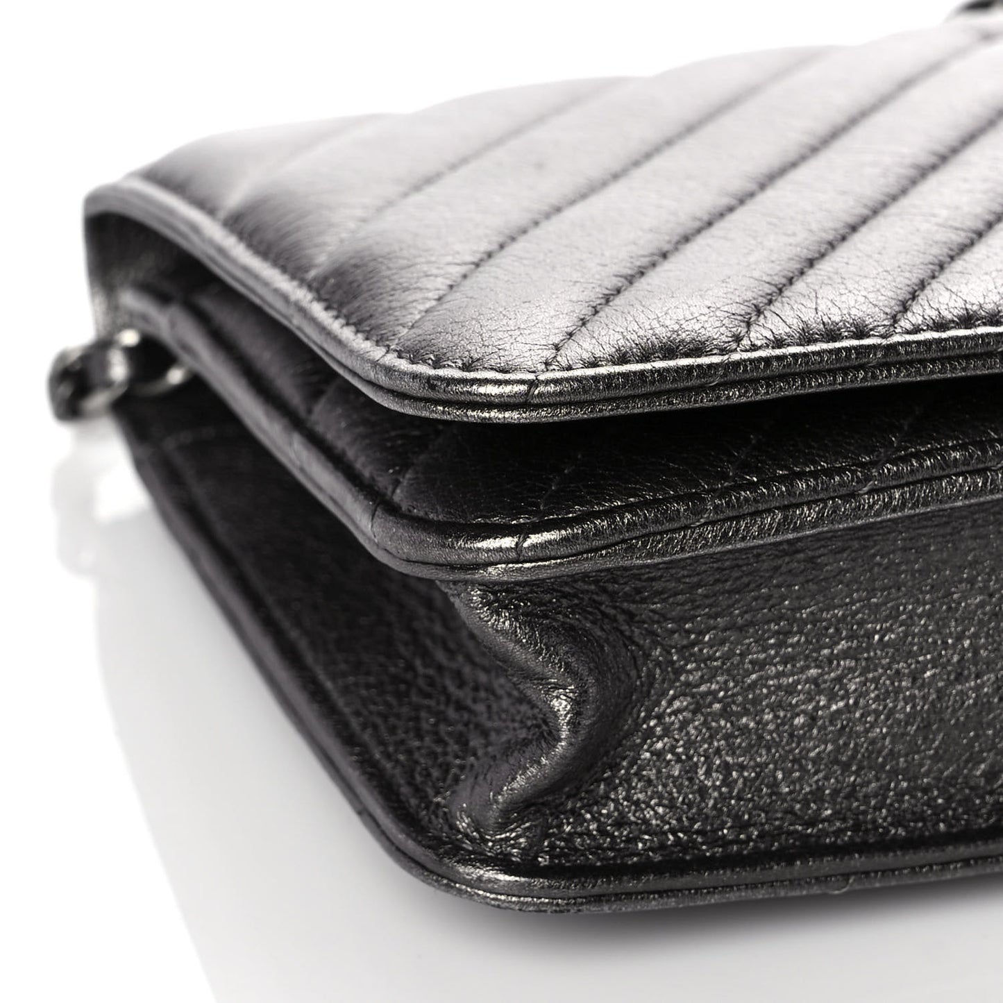 Metallic Calfskin Chevron Quilted Wallet On Chain WOC Dark Silver