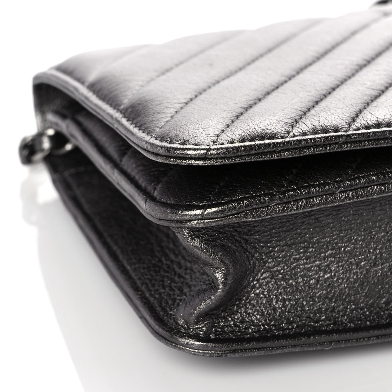 Chanel Metallic Calfskin Chevron Quilted Wallet On Chain WOC Dark Silver 8 of 11