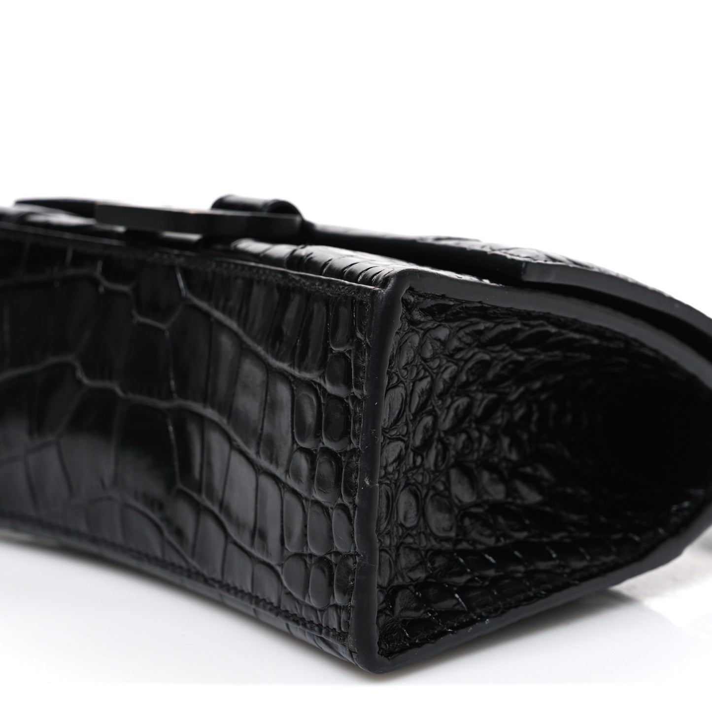 Shiny Calfskin Monochrome Crocodile Embossed Hourglass Top Handle Bag XS Black