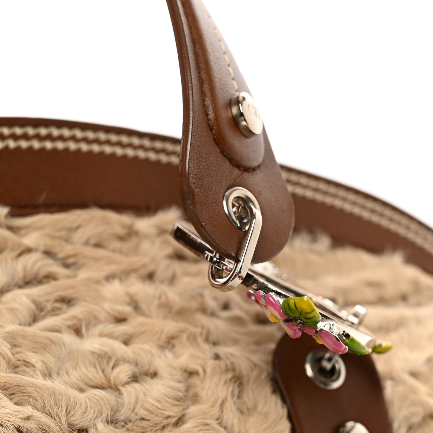 Astrakhan Calfskin Enamel Flower Medium Frame Satchel Beige