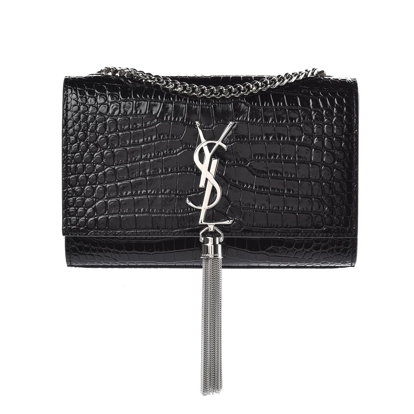 Calfskin Crocodile Embossed Small Classic Monogram Kate Tassel Satchel Black