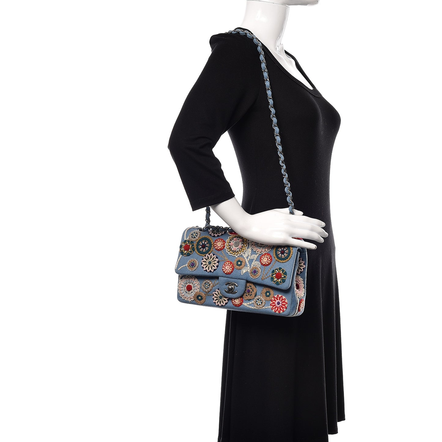 Felt Flower Embroidered Medium Double Flap Blue Multicolor
