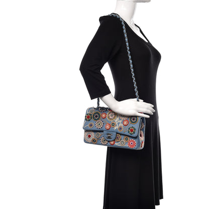 Chanel Felt Flower Embroidered Medium Double Flap Blue Multicolor 2 of 12
