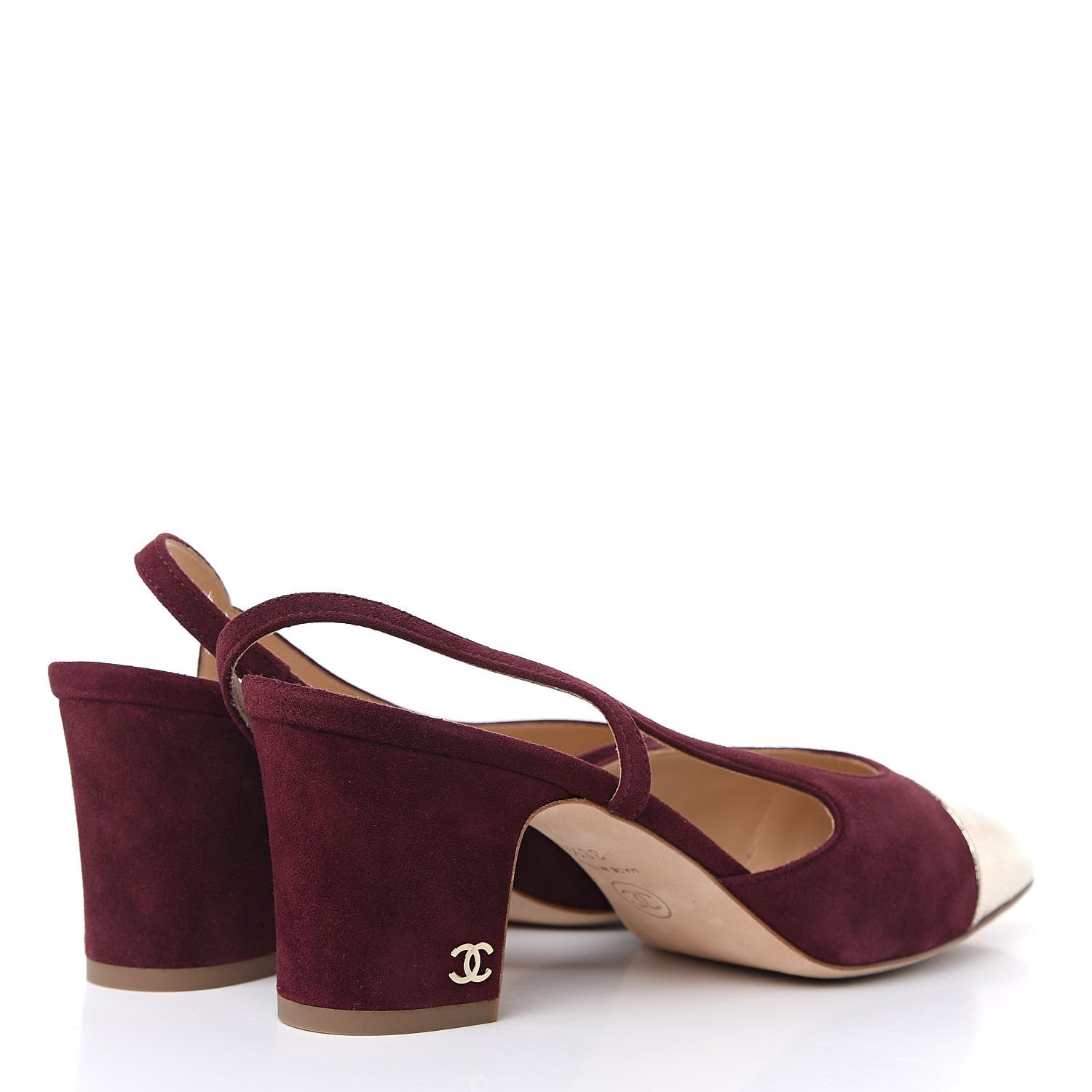 Chanel Kid Suede Metallic Lambskin Cap Toe CC Slingback Pumps 38.5 Burgundy Gold 4 of 9