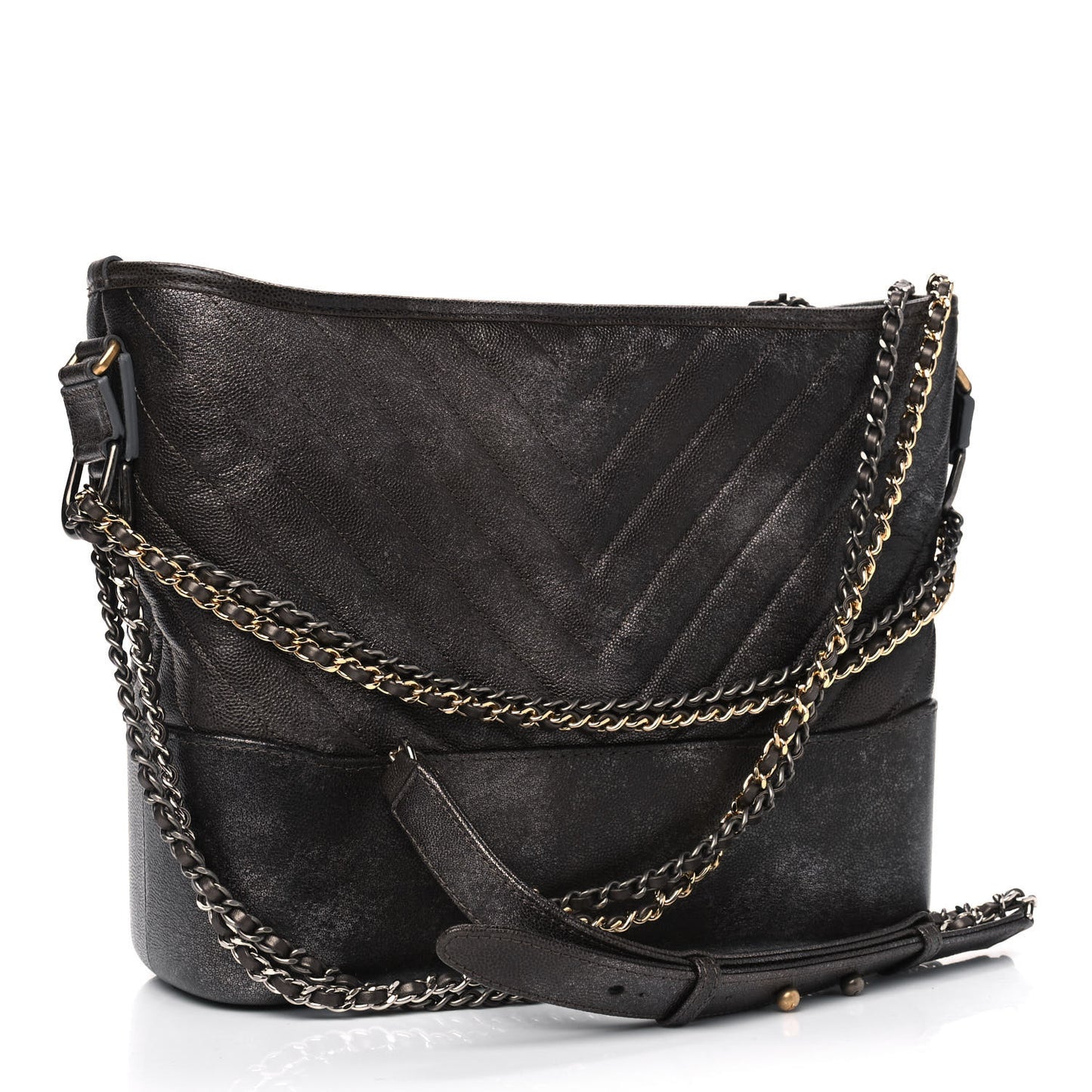 Metallic Caviar Chevron Quilted Medium Gabrielle Hobo Dark Silver Gold