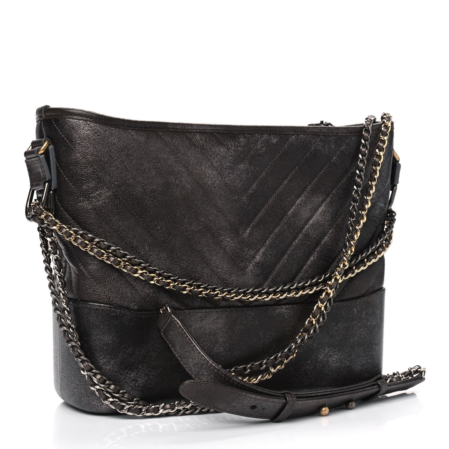Chanel Metallic Caviar Chevron Quilted Medium Gabrielle Hobo Dark Silver Gold 3 of 6