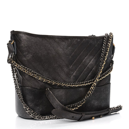 Chanel Metallic Caviar Chevron Quilted Medium Gabrielle Hobo Dark Silver Gold 3 of 6
