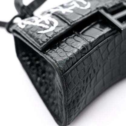 Balenciaga Calfskin Graffiti Logo Monochrome Crocodile Embossed Hourglass Top Handle Bag XS Black 7 of 16