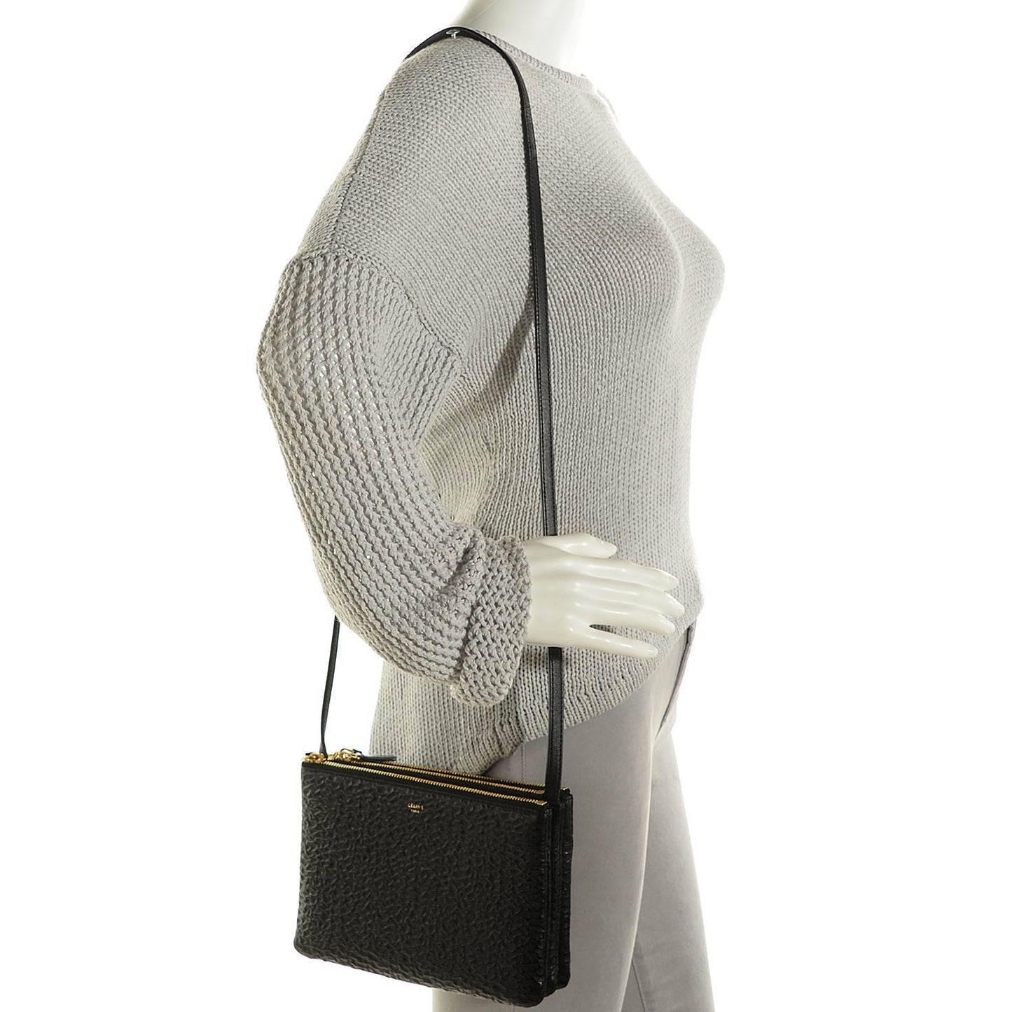 Calfskin Astrakhan Embossed Small Trio Crossbody Black