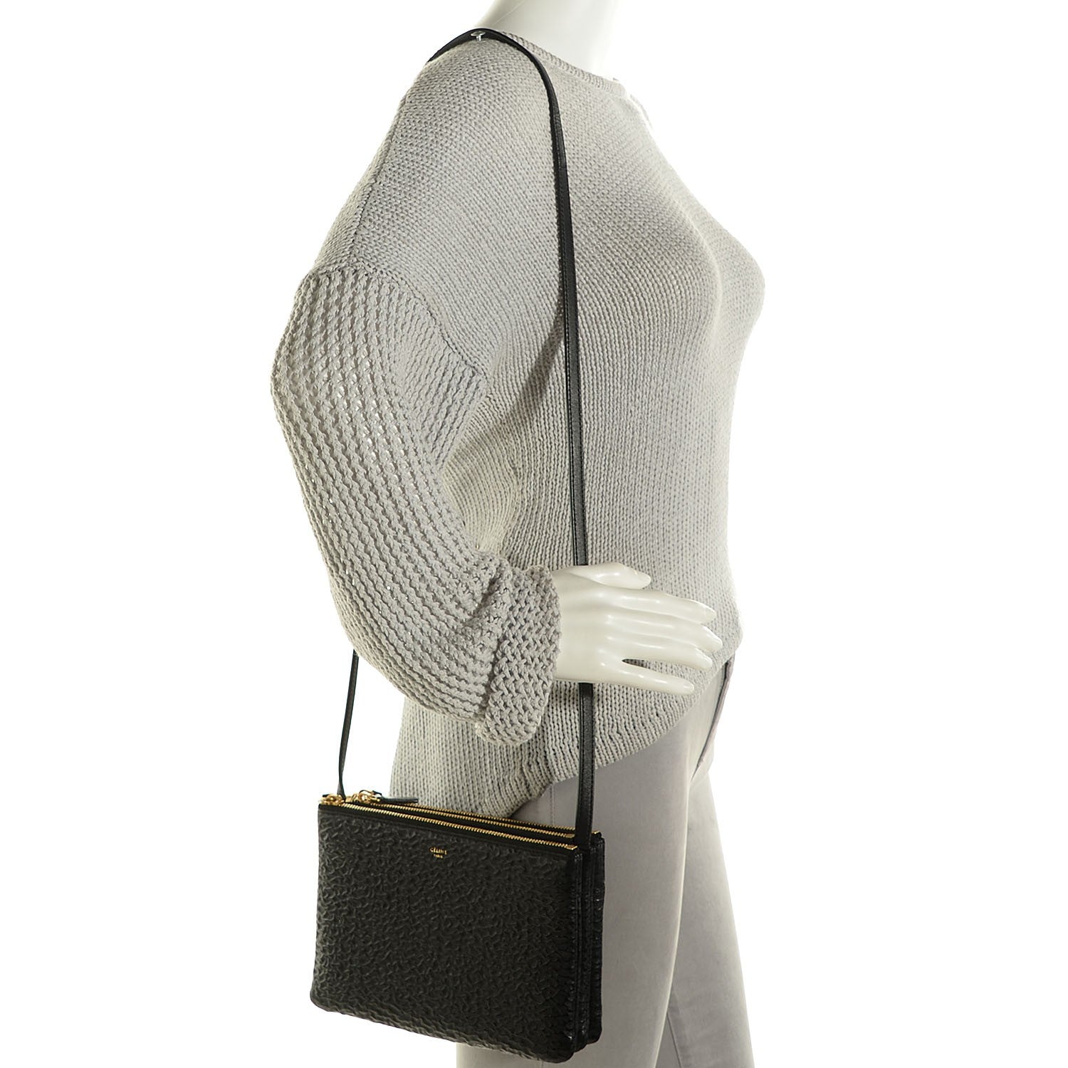 Celine Calfskin Astrakhan Embossed Small Trio Crossbody Black 2 of 7