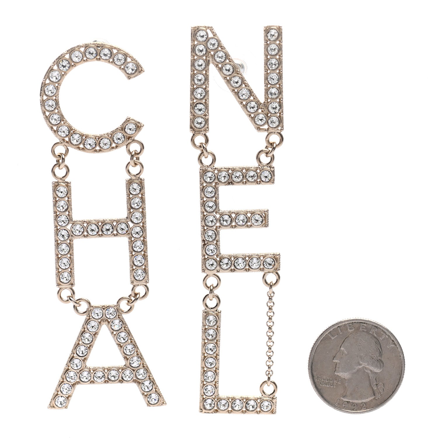 Chanel Crystal Cha-Nel Logo Drop Earrings Gold 2 of 4