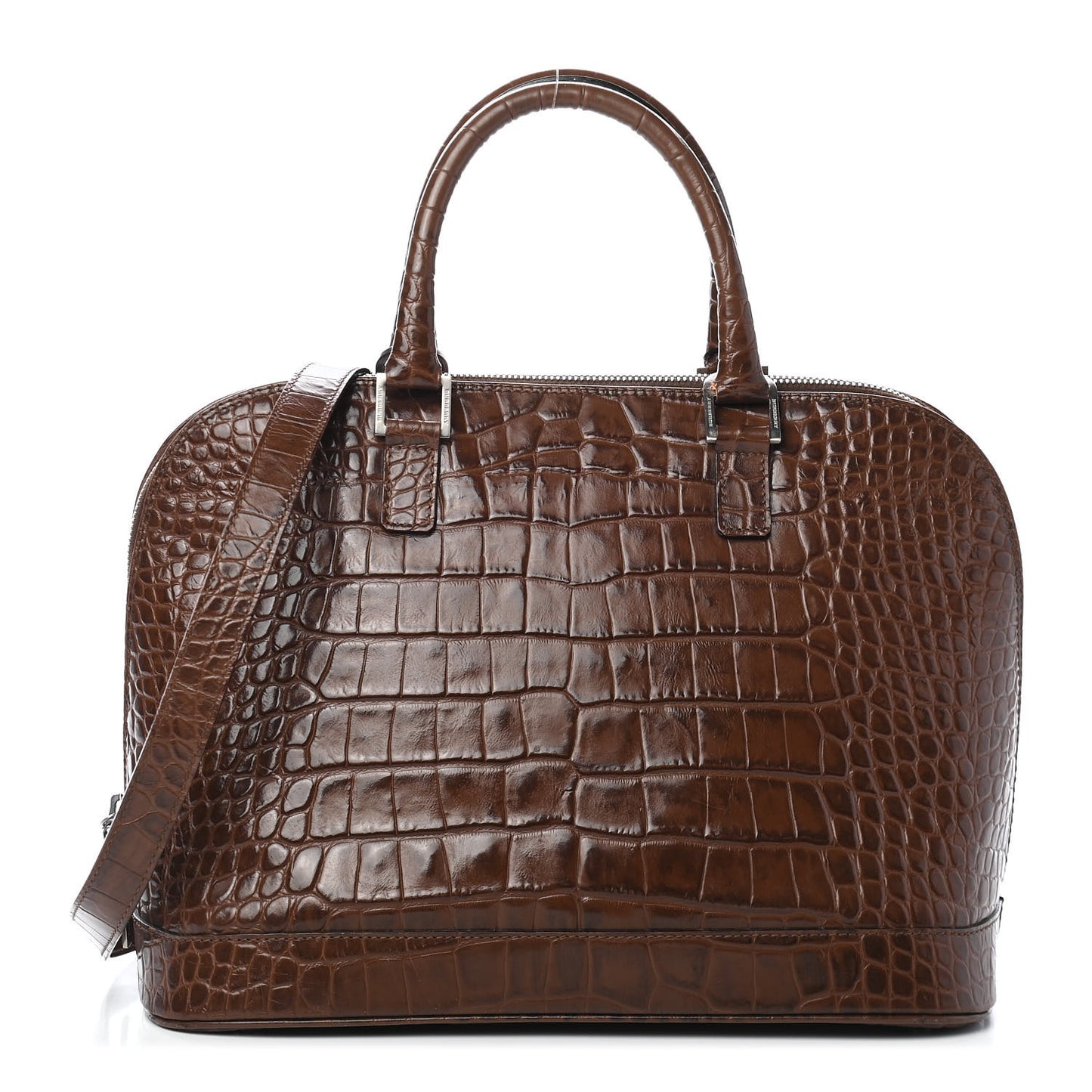 Crocodile Embossed Calfskin Large Bowler Bag Brown