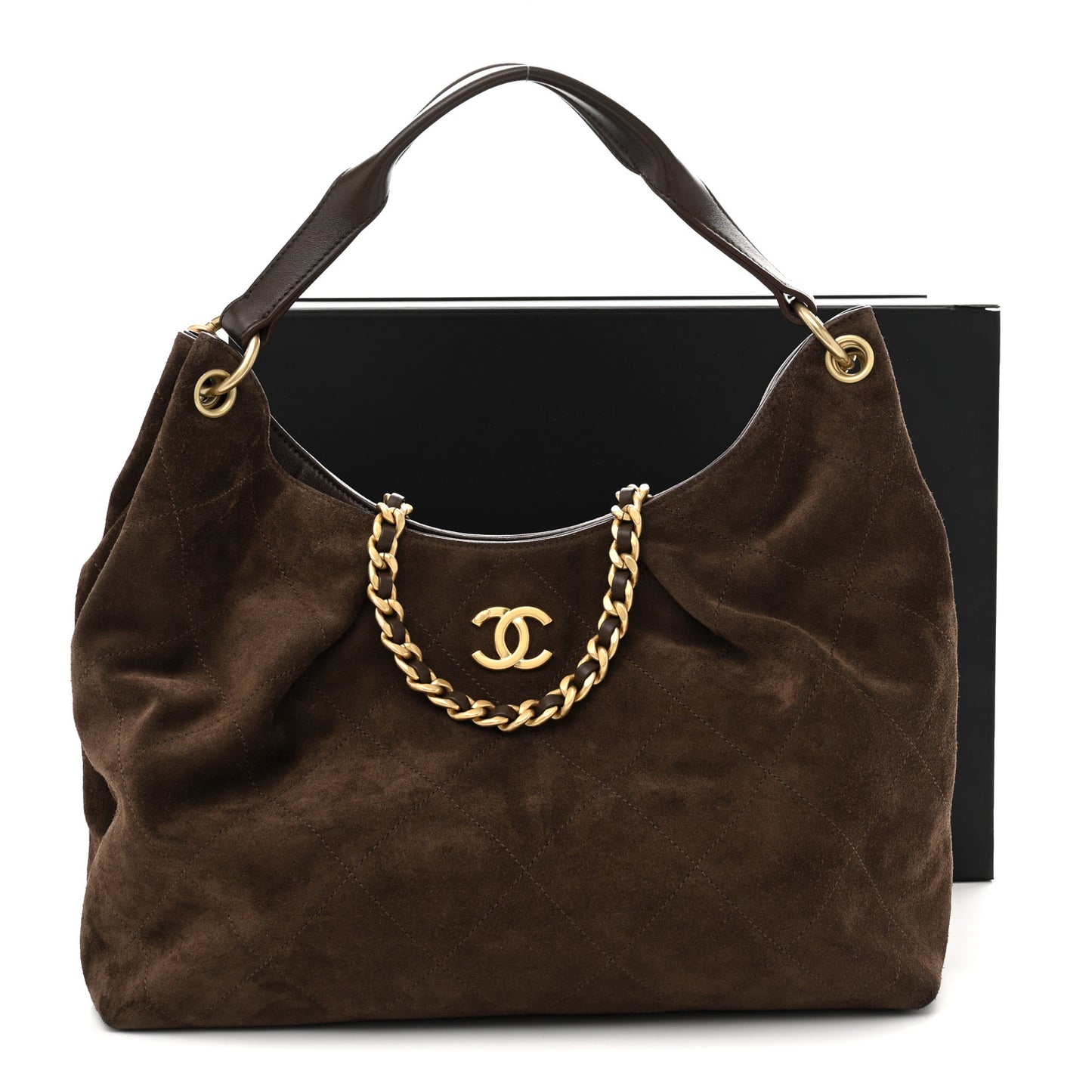 Suede Calfskin Lambskin Quilted Large Maxi Hobo Dark Brown