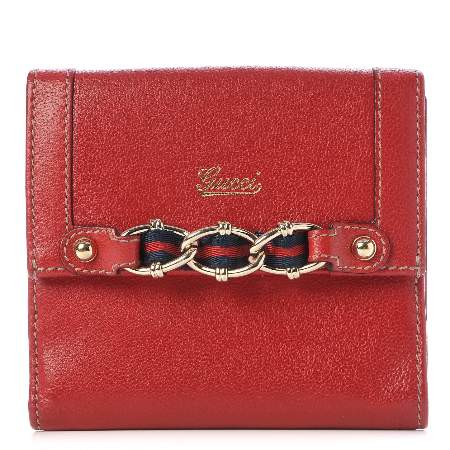 Pebbled Calfskin Web Compact Wallet Red