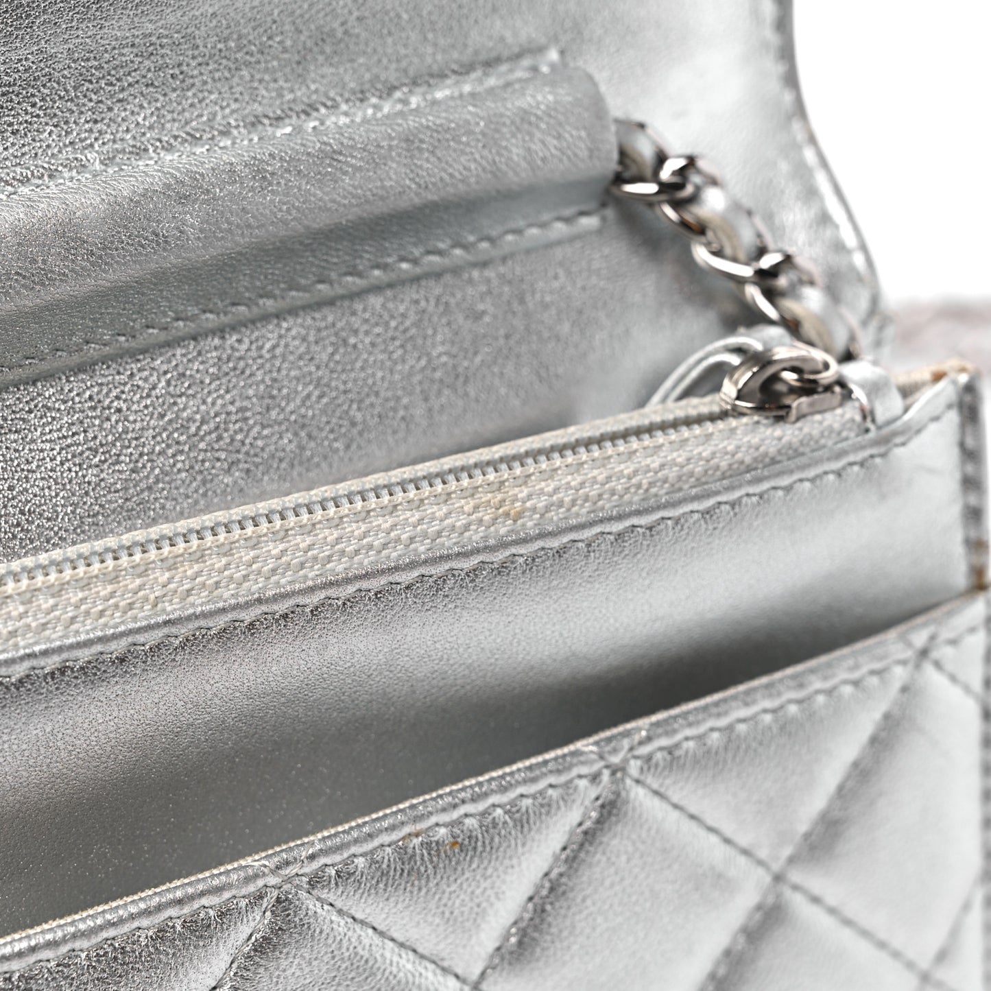 Metallic Lambskin Quilted Wallet On Chain WOC Silver