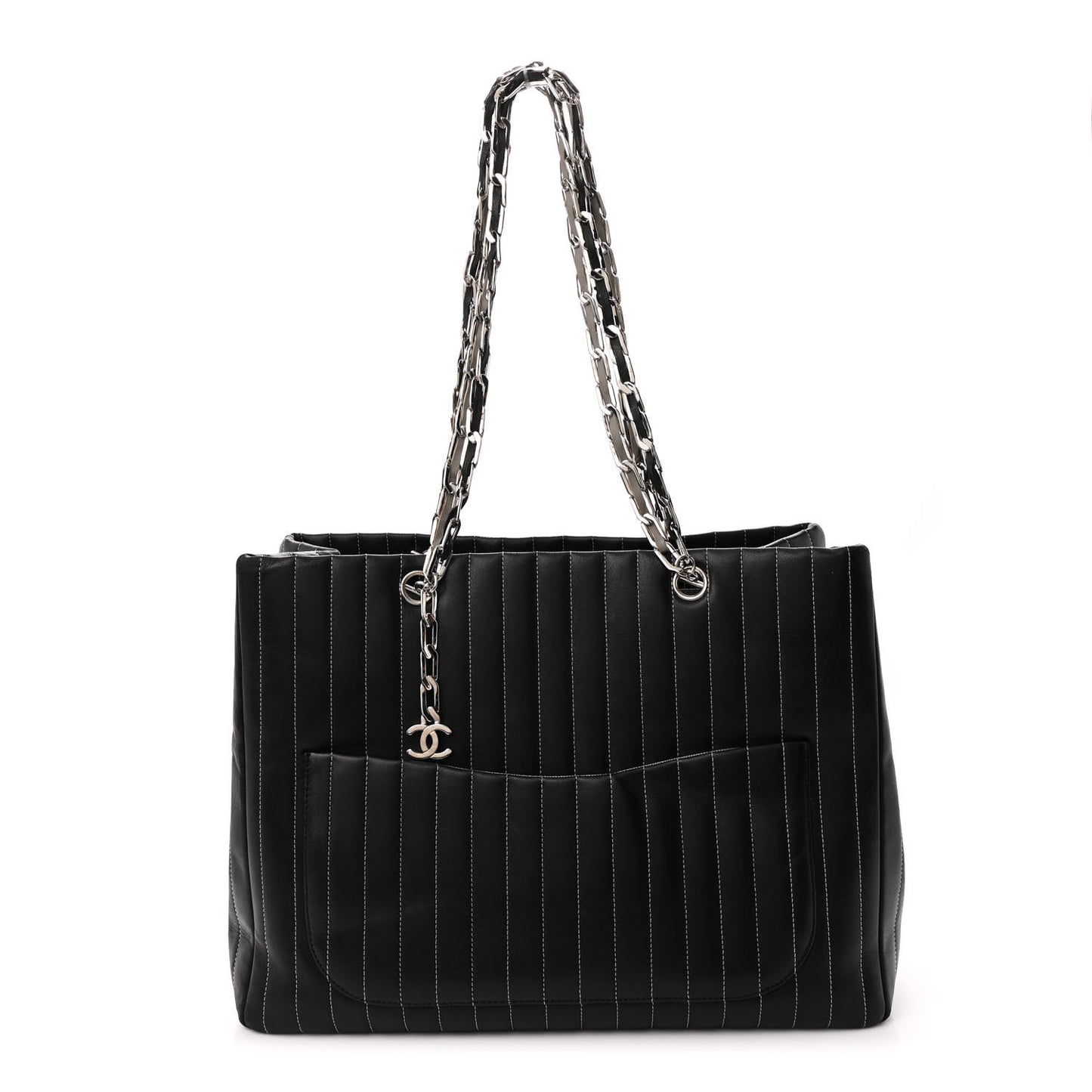 Lambskin Vertical Quilted Large Mademoiselle Tote Black