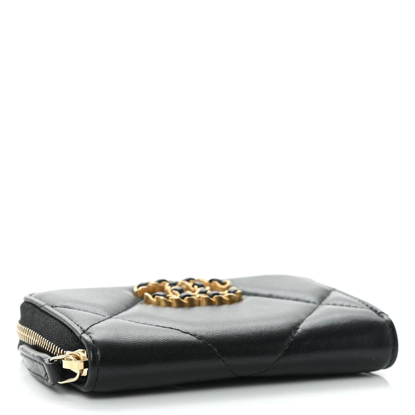 Lambskin Quilted Chanel 19 Zip Around Coin Purse Wallet Black