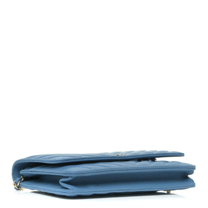 Chanel Caviar Flat Chevron Quilted Wallet On Chain WOC Blue 3 of 16