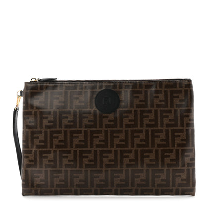 Fendi Glazed Fabric Vitello Century FF 1974 Stamp Patch Large Flat Pouch Mogano Panna Black 1 of 7