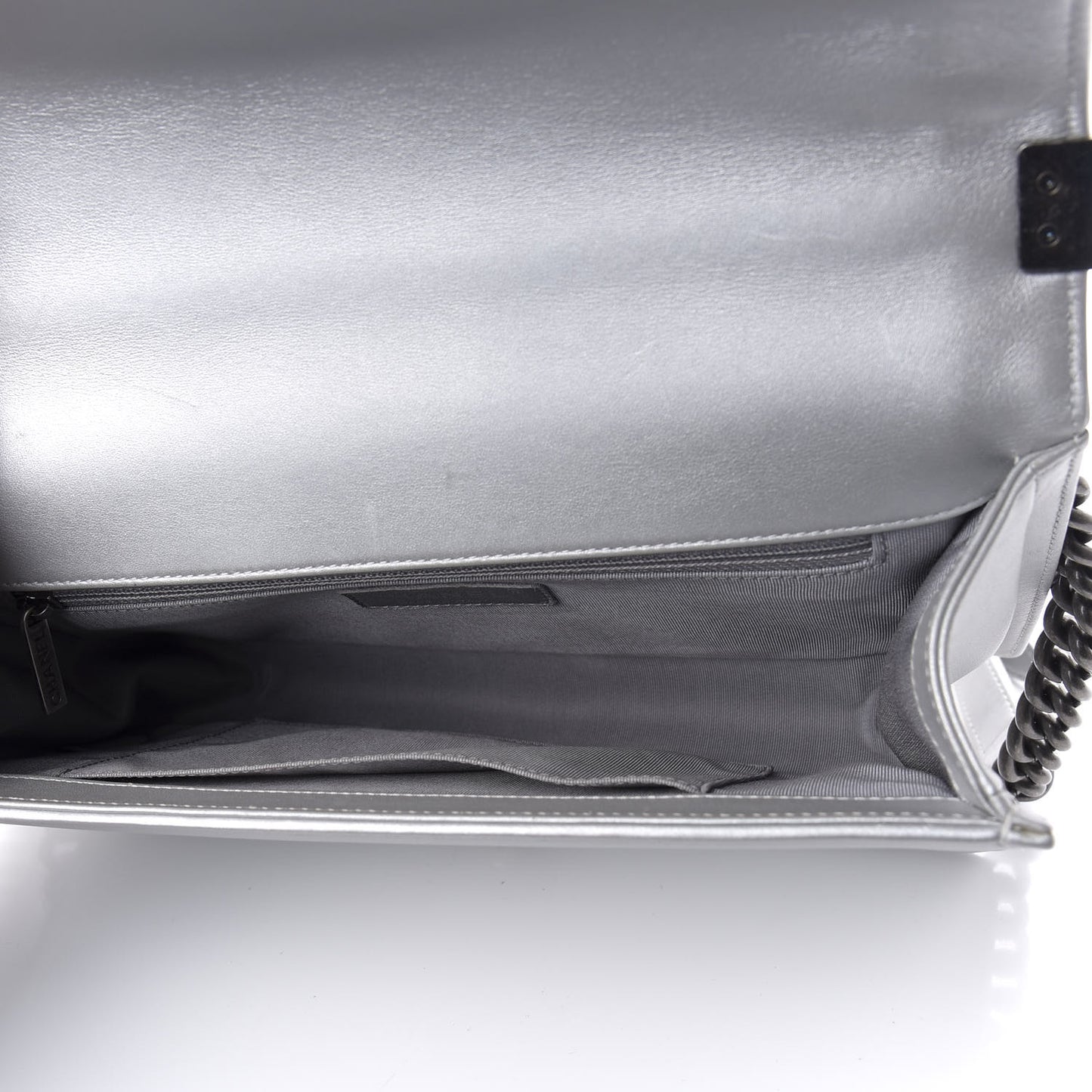 Metallic Calfskin Quilted New Medium Plexiglass Boy Flap Silver