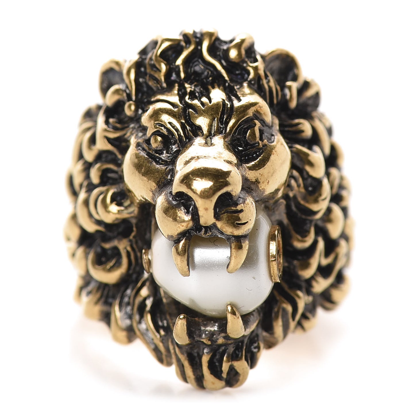 Metal Glass Pearl Lion Head Ring 10.5 Aged Gold