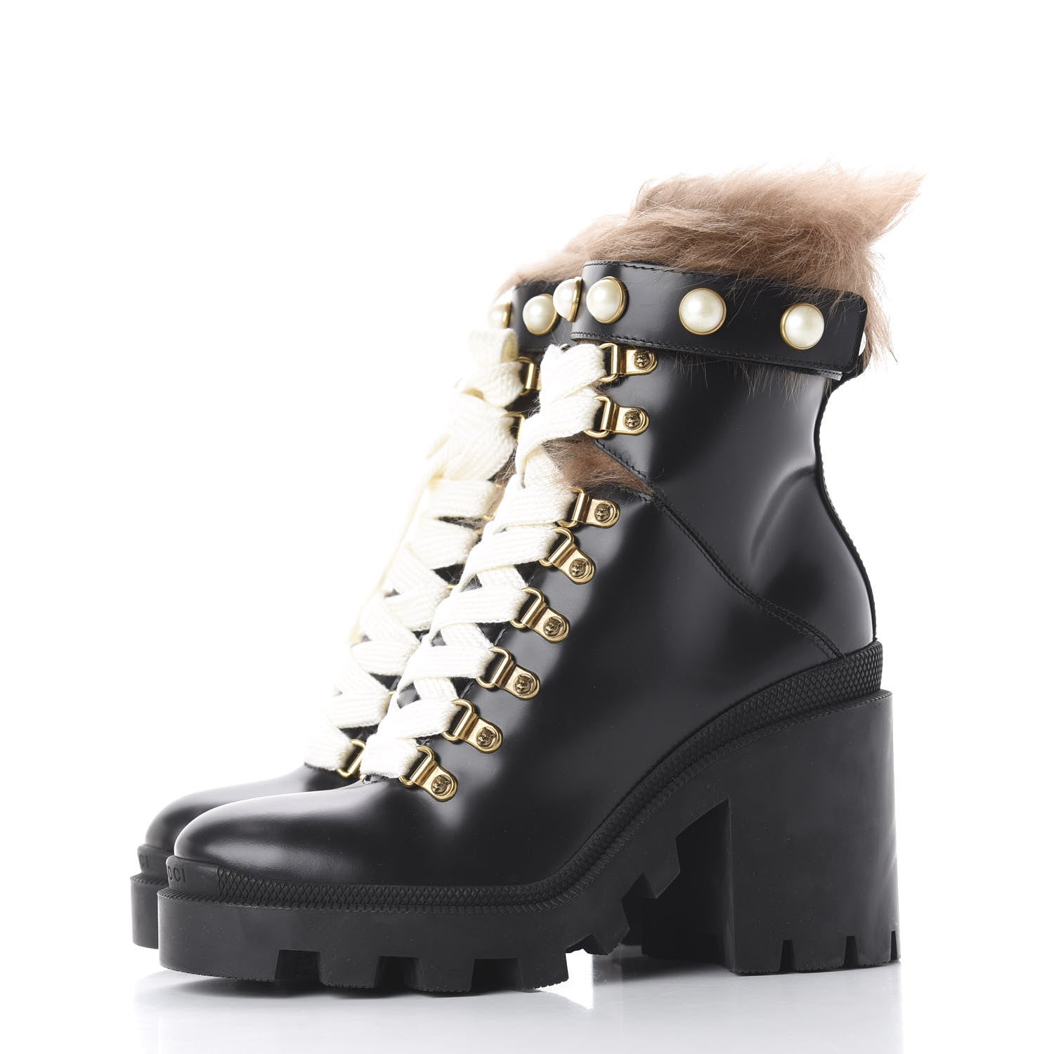 Gucci Magnum Calfskin Fur Pearl Lace Up Combat Ankle Boots 36 Black Naturale 3 of 8