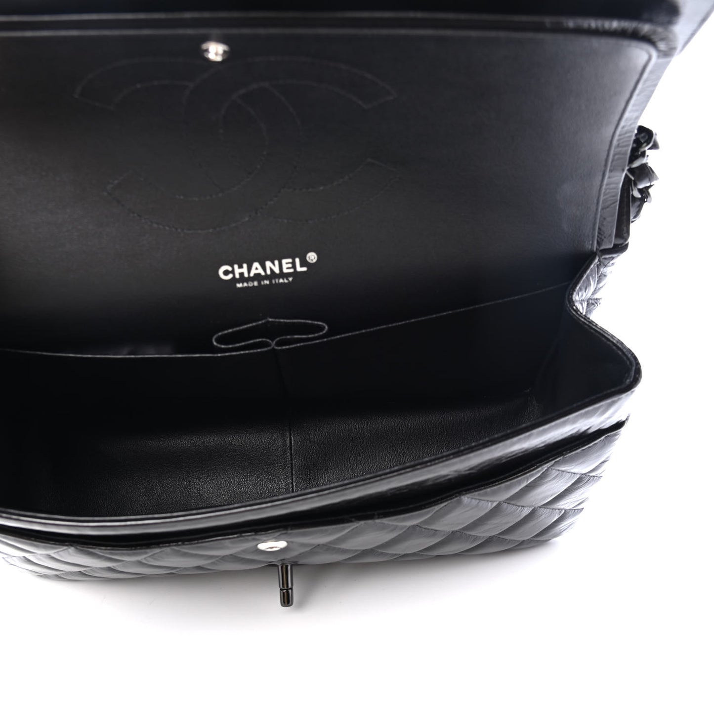 Shiny Distressed Calfskin Quilted Jumbo Double Flap So Black
