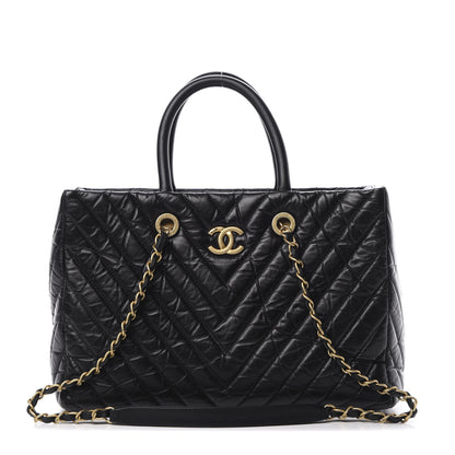 Chanel Aged Calfskin Chevron Coco Handle Shopping Tote Black 1 of 13
