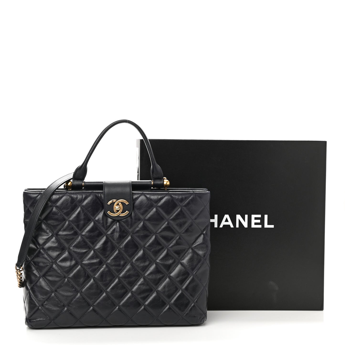 Calfskin Quilted Large Gold Bar Top Handle Tote Dark Navy Blue