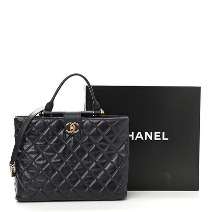 Chanel Calfskin Quilted Large Gold Bar Top Handle Tote Dark Navy Blue 11 of 11
