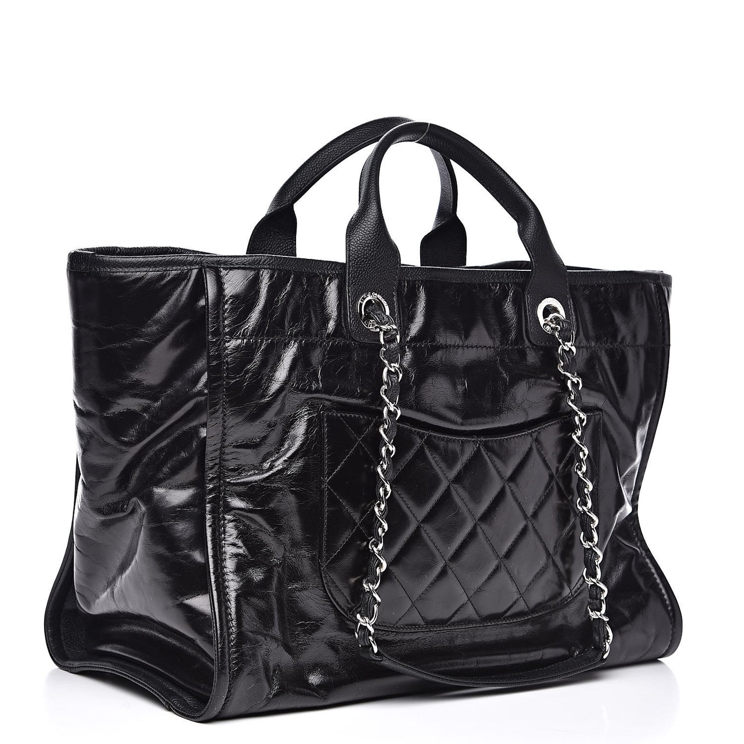 Glazed Calfskin Large Deauville Tote Black