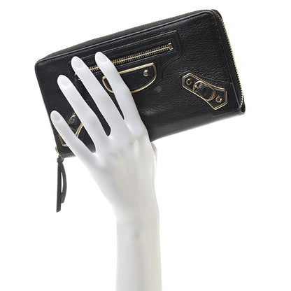 Balenciaga Chevre Gold Metallic Edge Hardware Zip Around Wallet Black 2 of 18