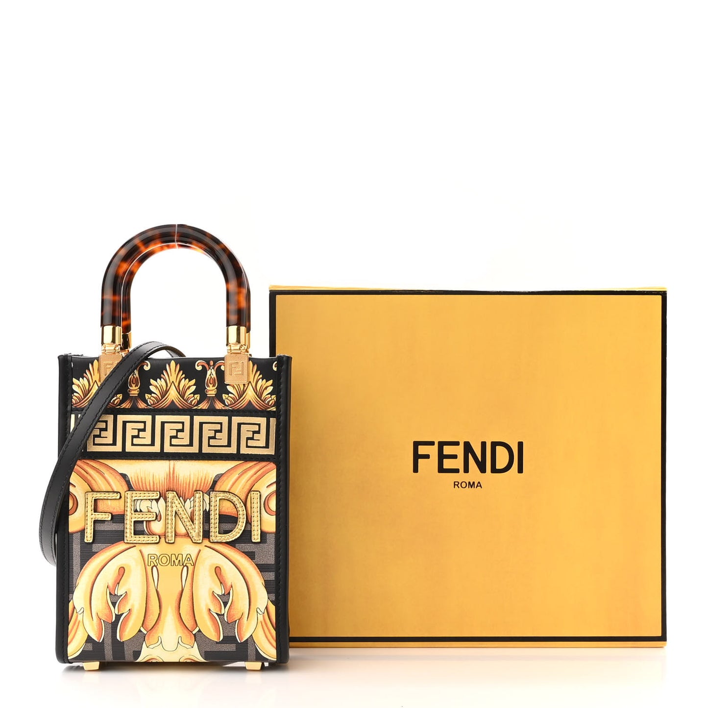 X VERSACE Vitello King Catalan Mirror Plexiglass Fendace FF Baroque Logo Mini Fendi Sunshine Shopper Tote Black Gold