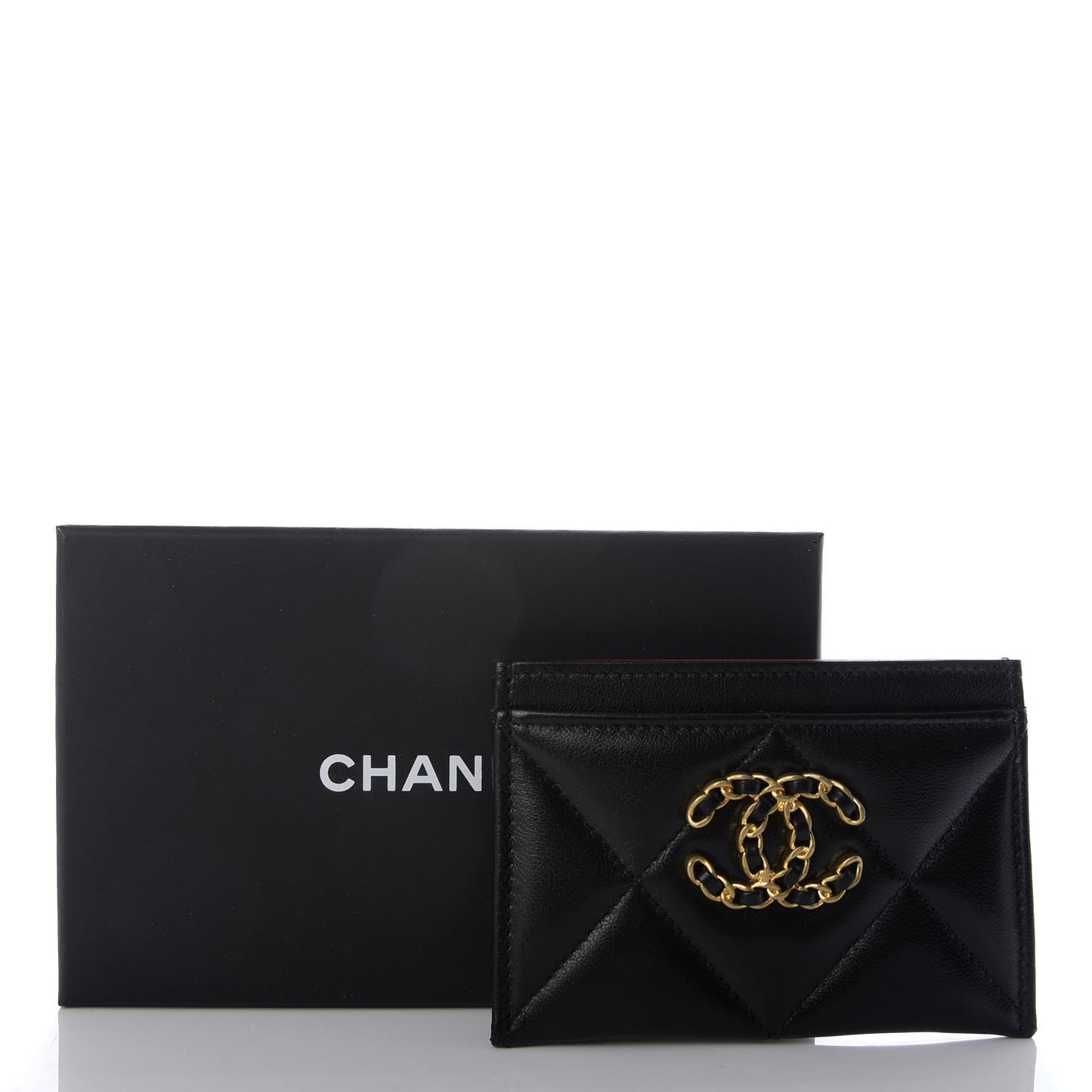Shiny Goatskin Quilted Chanel 19 Card Holder Black