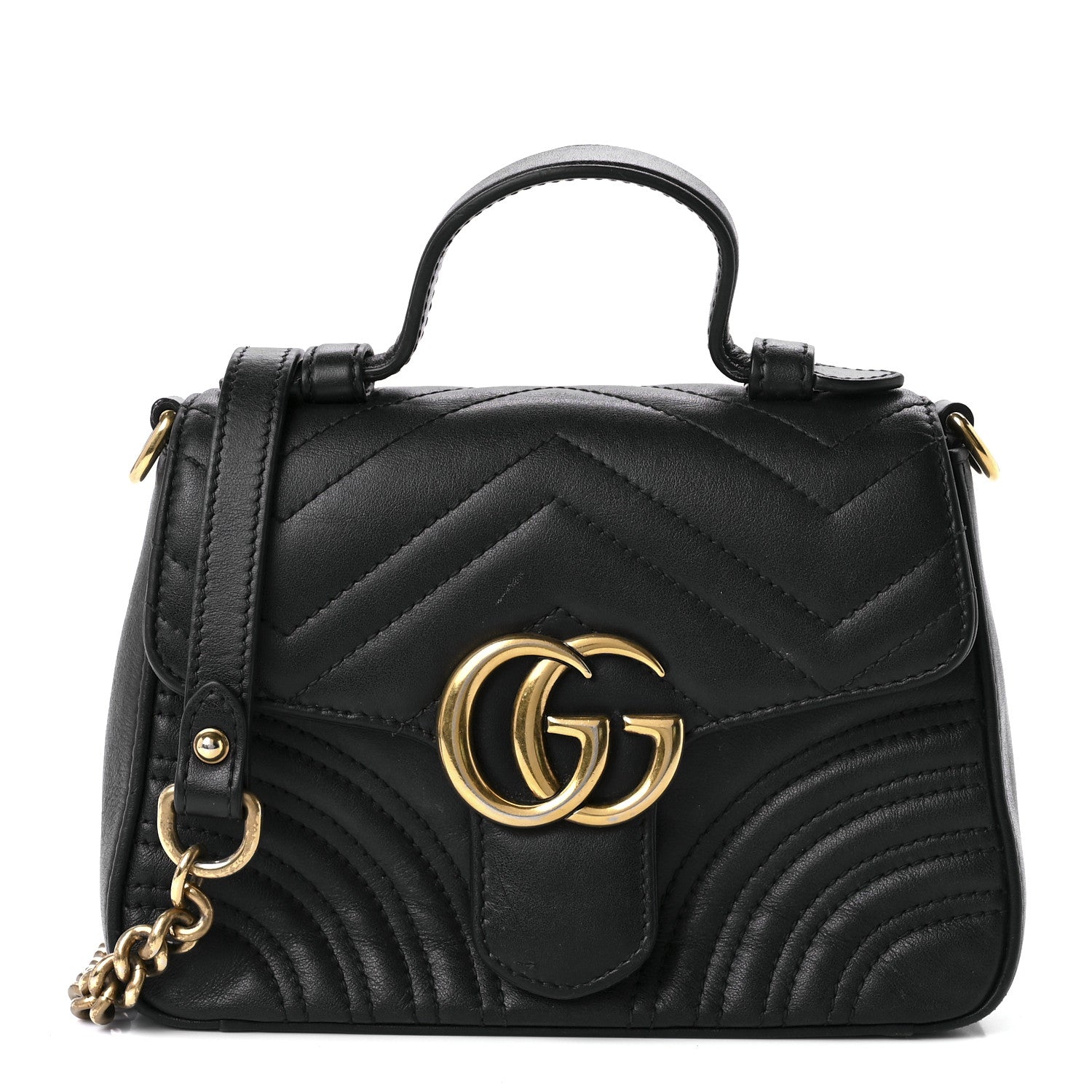 product image of GUCCI Calfskin Matelasse Mini GG Marmont Top Handle Shoulder Bag Black FASHIONPHILE
