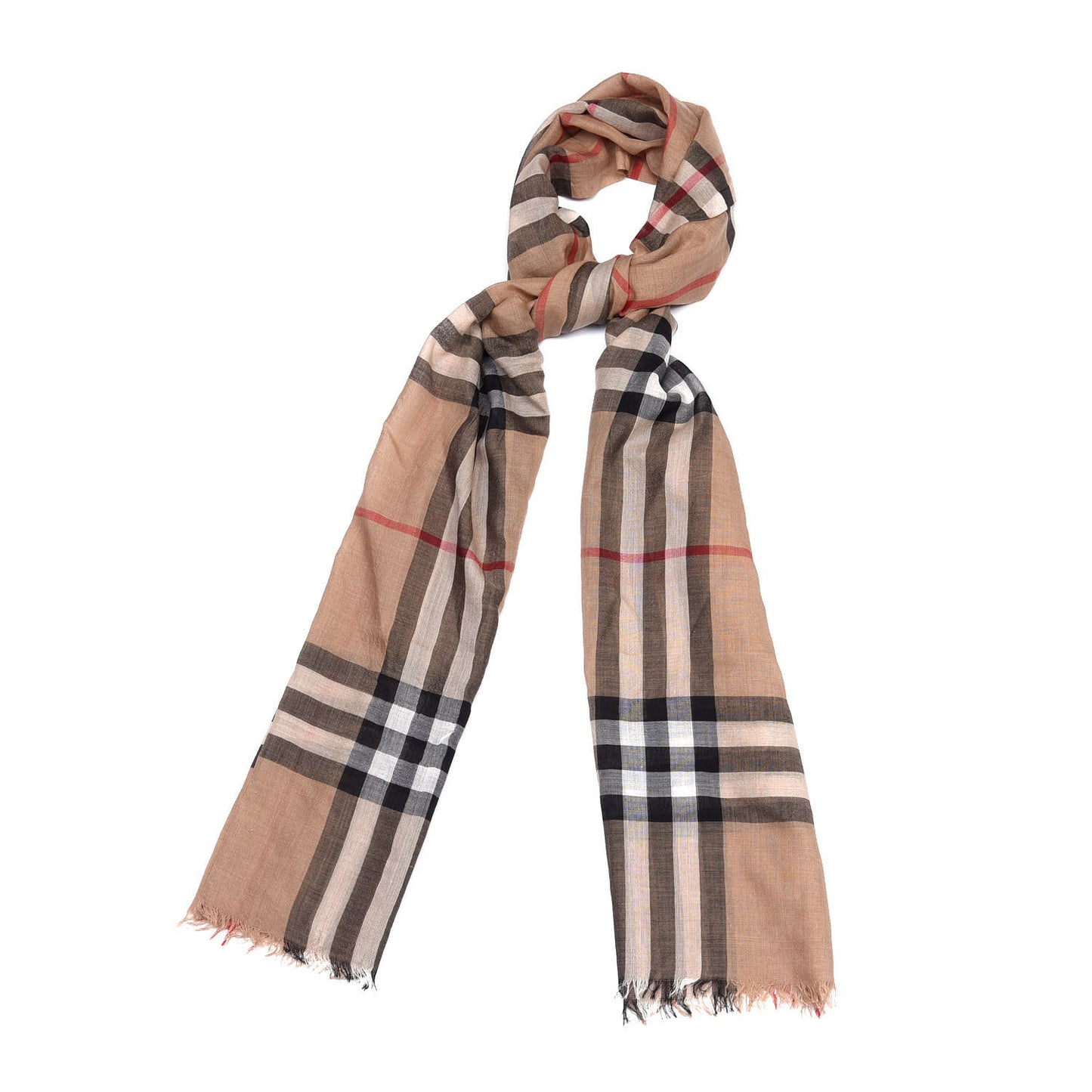 Wool Silk Gauze Giant Check Lightweight Scarf Camel