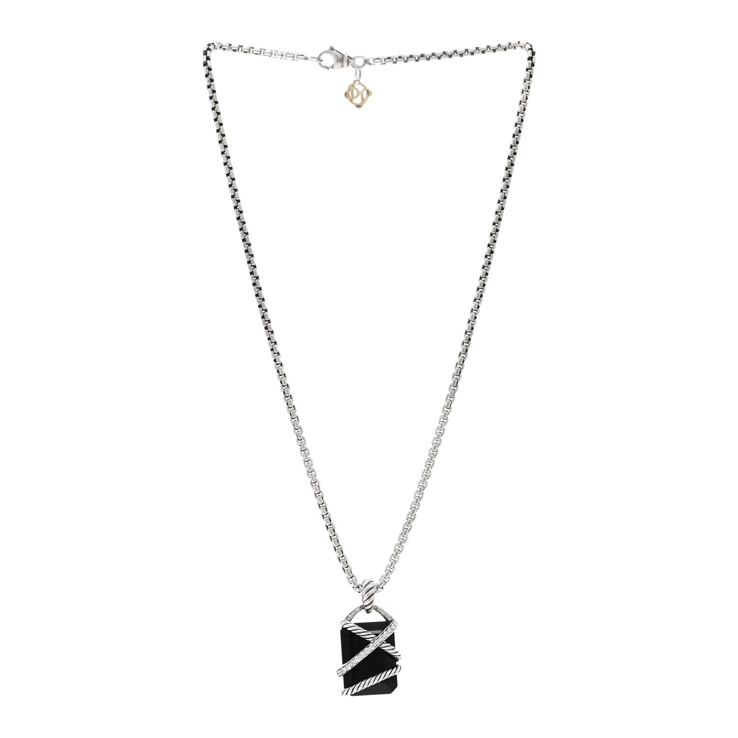 David Yurman Sterling Silver Diamond Black Onyx 17mm Cable Wrap Pendant Necklace 3 of 4