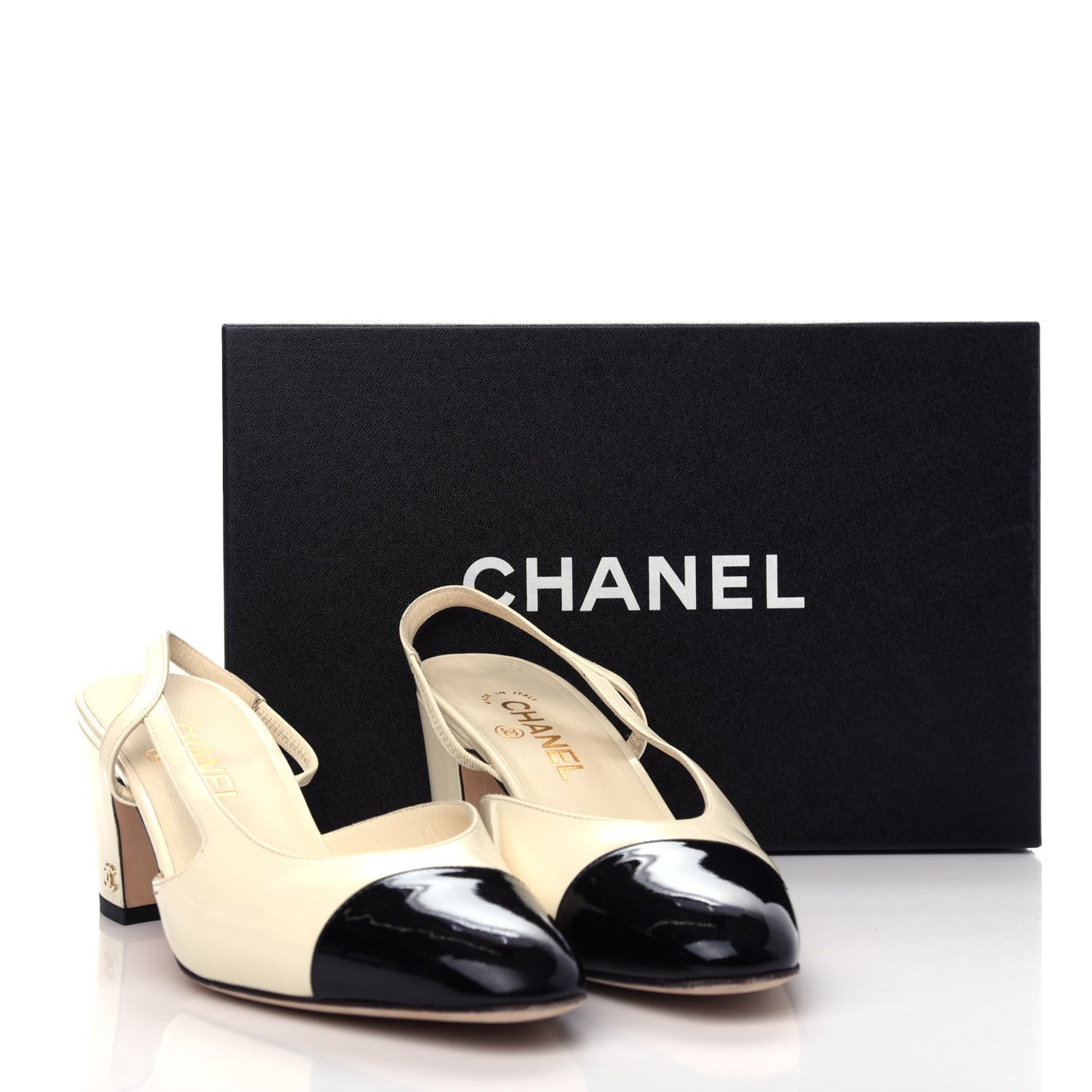Patent Calfskin Cap Toe CC Slingback Pumps 39.5 White Black
