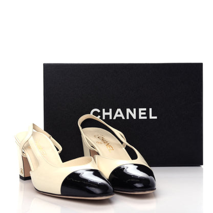 Chanel Patent Calfskin Cap Toe CC Slingback Pumps 39.5 White Black 11 of 12