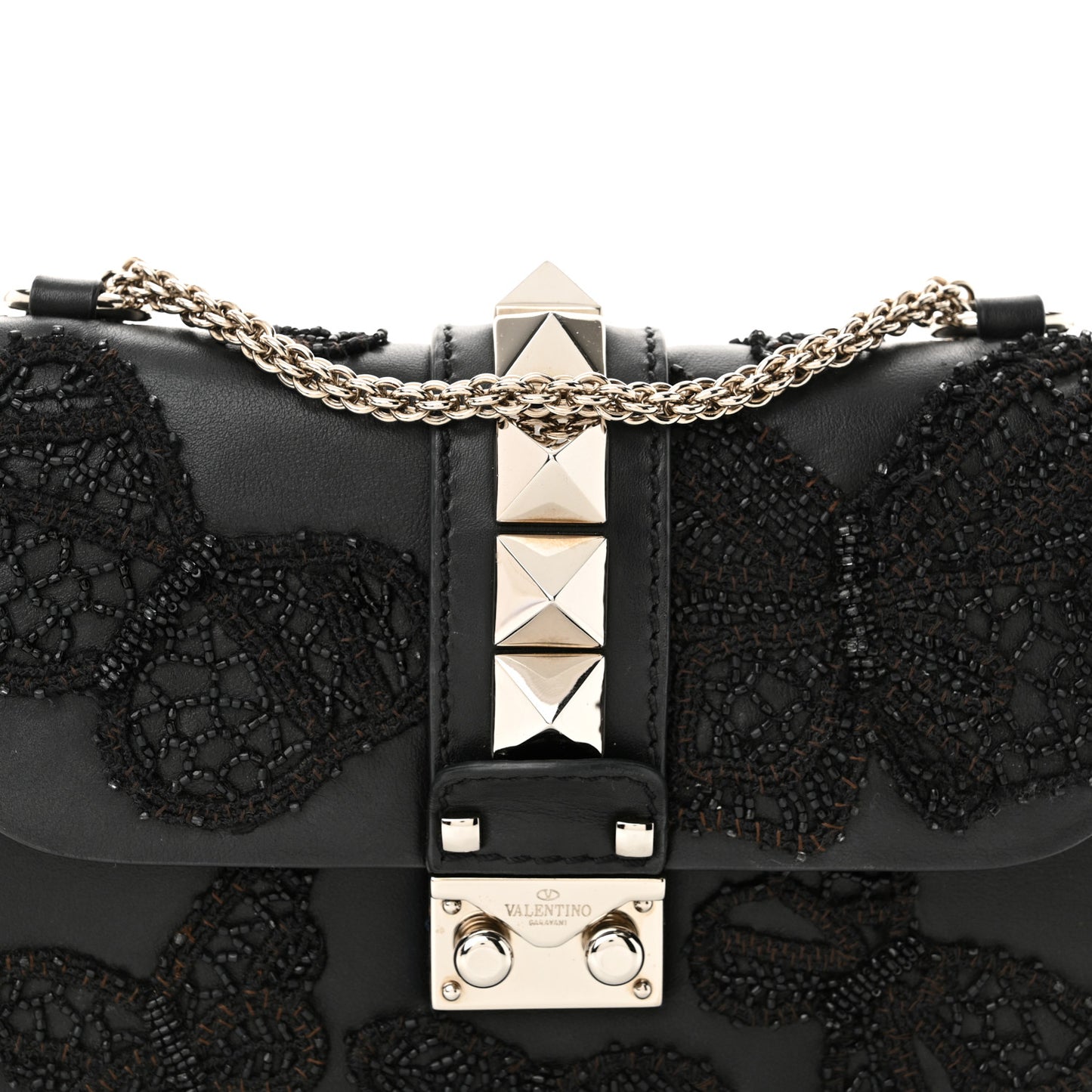 Vitello Beaded Butterfly Small Glam Lock Rockstud Flap Black