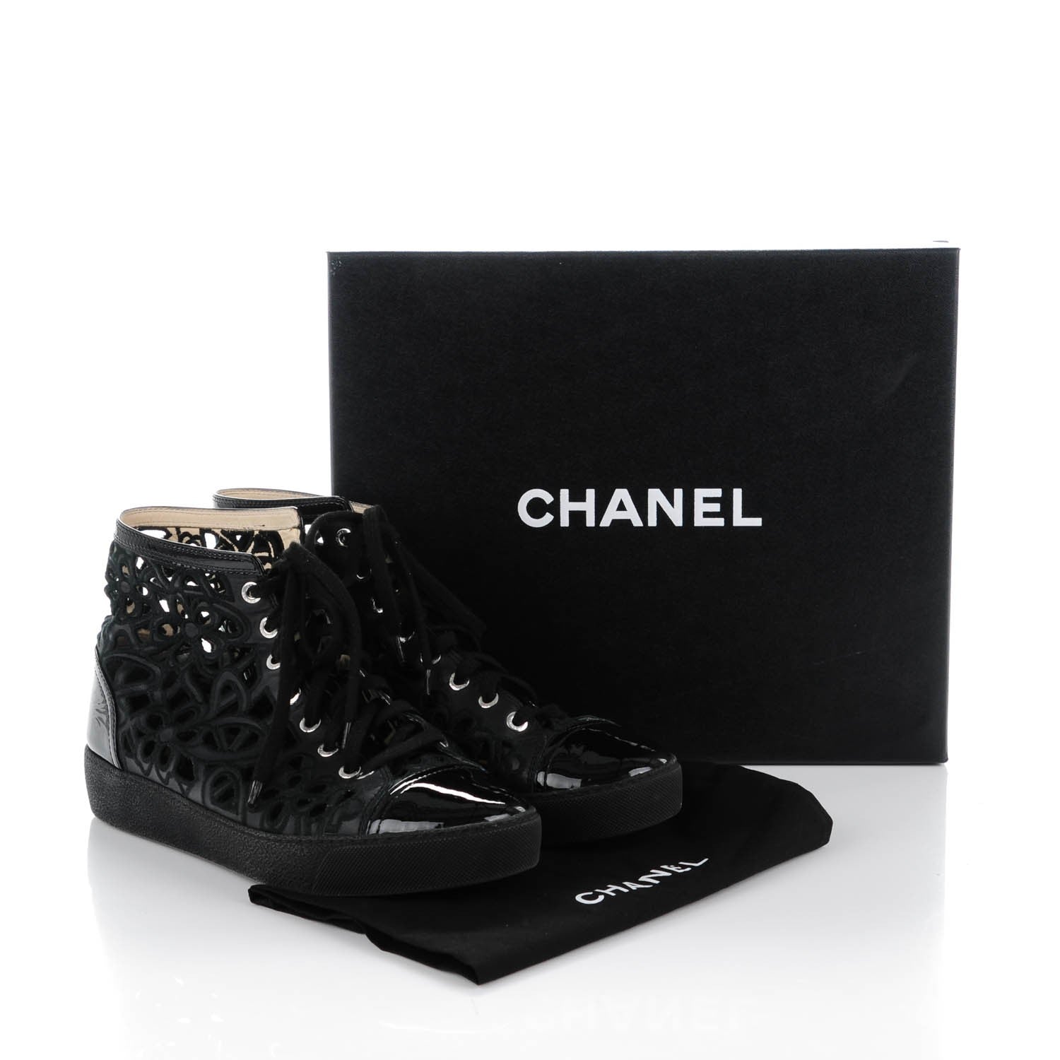 Chanel Patent Grained Goatskin Hollow Out Flower Sneakers 39 Black 7 of 7