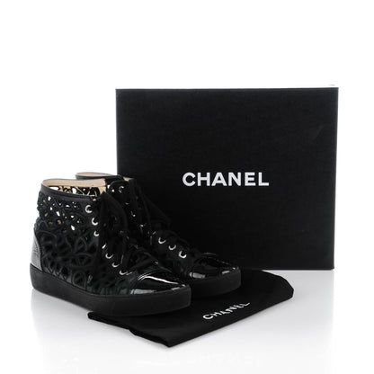 Chanel Patent Grained Goatskin Hollow Out Flower Sneakers 39 Black 7 of 7