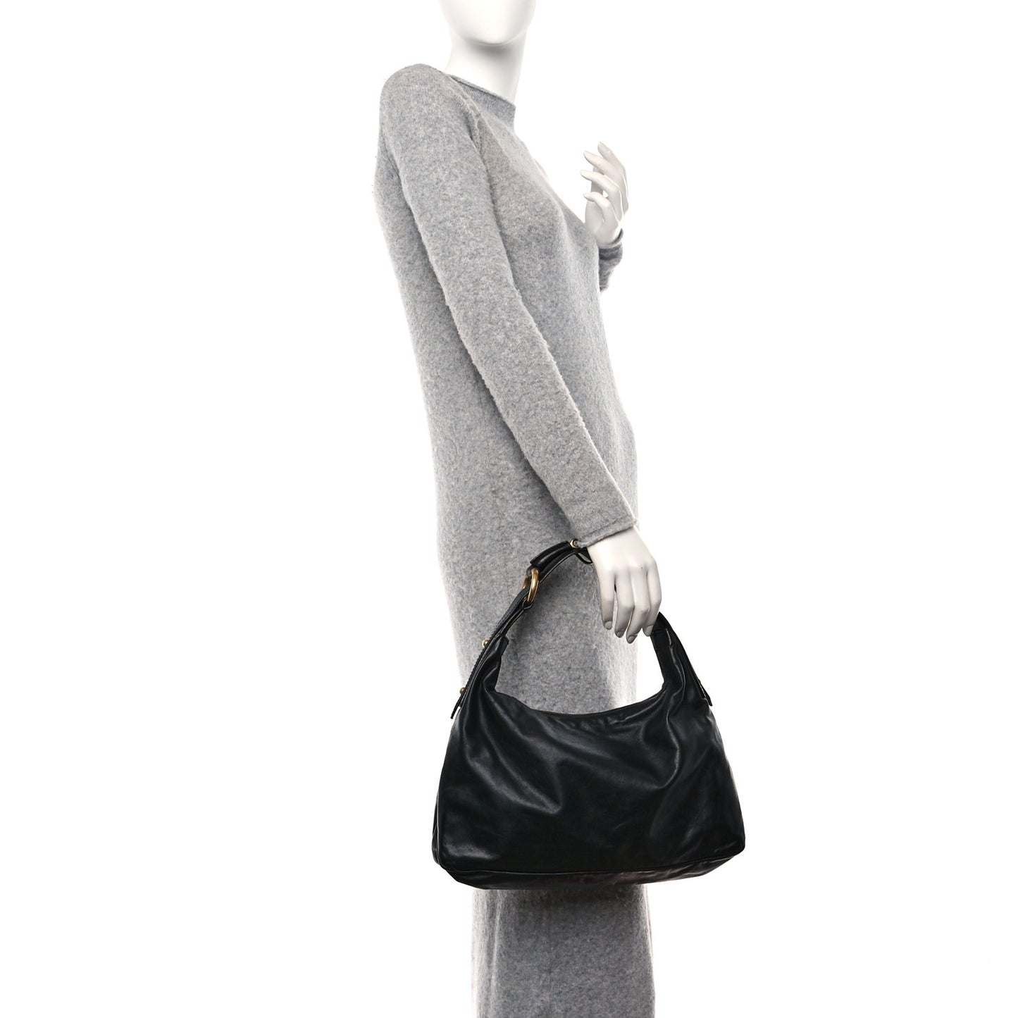 Calfskin Medium Horsebit Chain Hobo Black