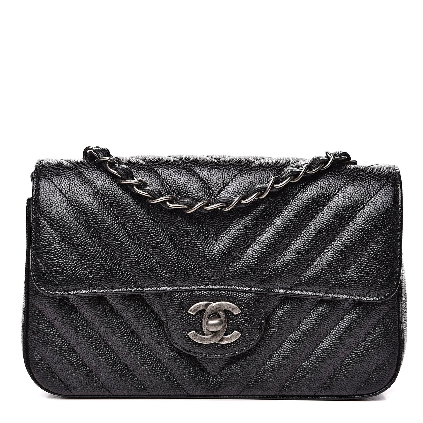 Iridescent Caviar Chevron Quilted Mini Rectangular Flap Black