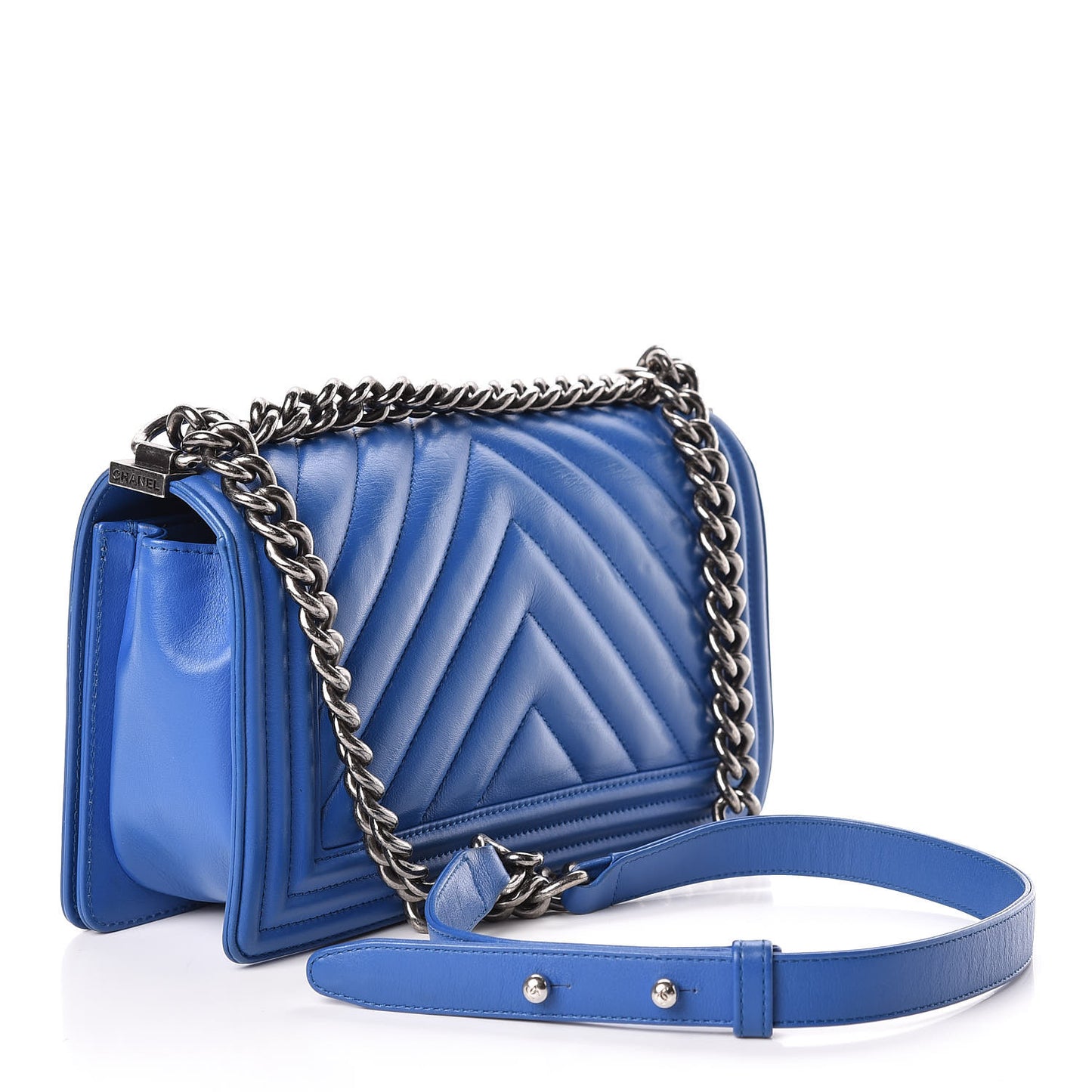 Calfskin Chevron Quilted Medium Boy Flap Blue