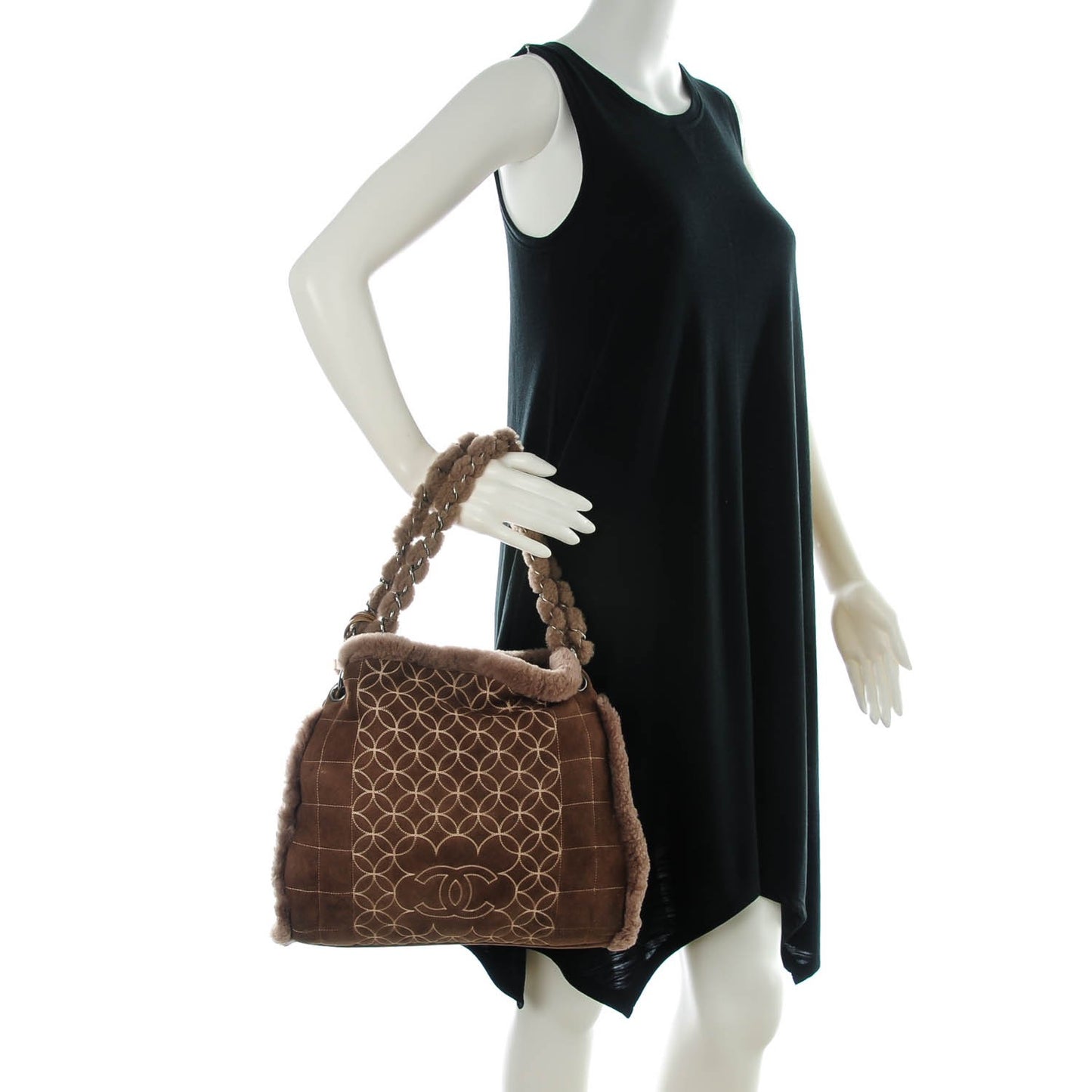 Shearling Suede Stiched CC Tote Dark Brown
