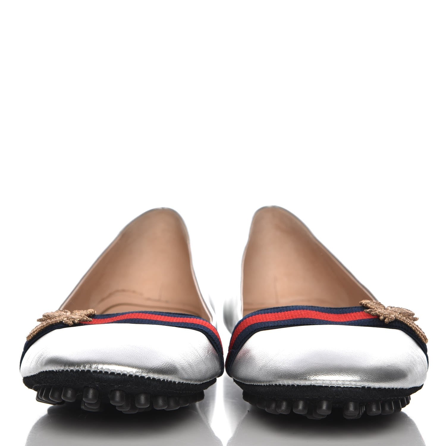 Gucci Metallic Nappa Web Bayadere Ballerina Flats 37.5 Argento 2 of 9