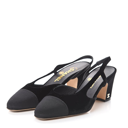 Chanel Velvet Grosgrain Cap Toe CC Slingback Pumps 36.5 Black 3 of 7
